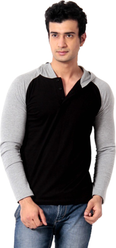 Leana Solid Men Round Neck Grey, Black T-Shirt