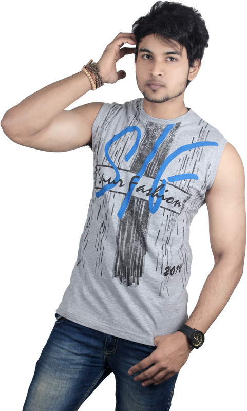 Spur Printed Men Round Neck Grey, Black T-Shirt