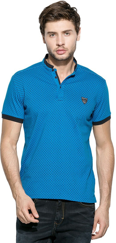 Mufti Self Design Men Mandarin Collar Blue T-Shirt