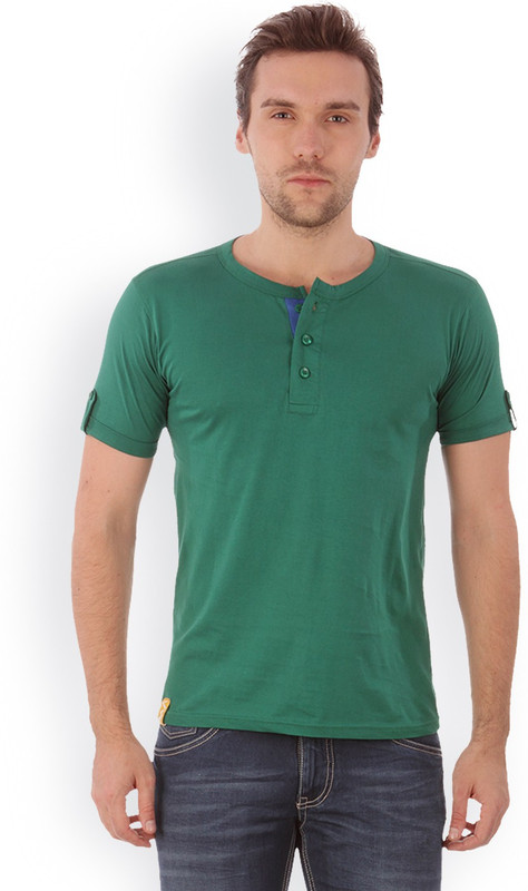Campus Sutra Solid Men Henley Green T-Shirt