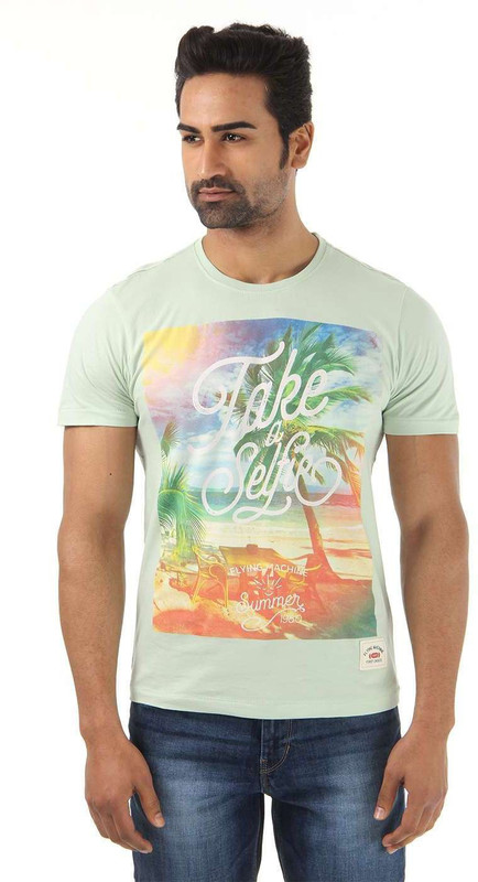 Flying Machine Graphic Print Men Round Neck Green T-Shirt