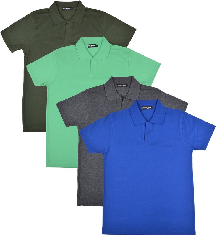 Pintapple Solid Men Polo Neck Blue, Grey, Light Green, Dark Green T-Shirt(Pack of 4)