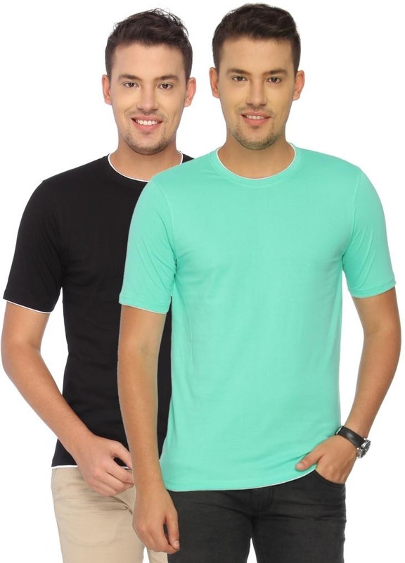 Campus Sutra Solid Men Round or Crew Black, Green T-Shirt(Pack of 2)