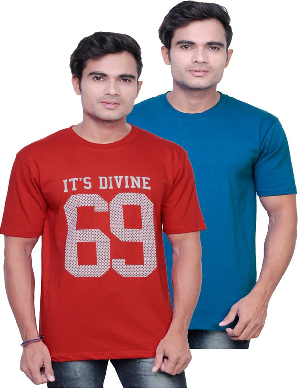 Fashionable Printed Men Round Neck Blue, Red T-Shirt(Pack of 2)