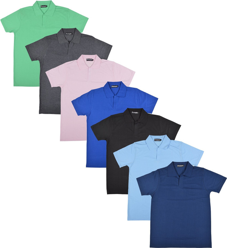 Pintapple Solid Men Polo Neck Black, Blue, Pink, Grey, Light Green, Light Blue, Dark Blue T-Shirt(Pack of 7)
