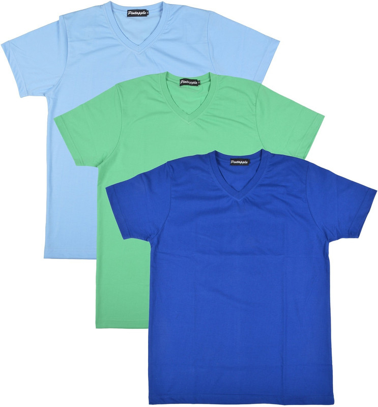 Pintapple Solid Men V-neck Blue, Light Green, Light Blue T-Shirt(Pack of 3)