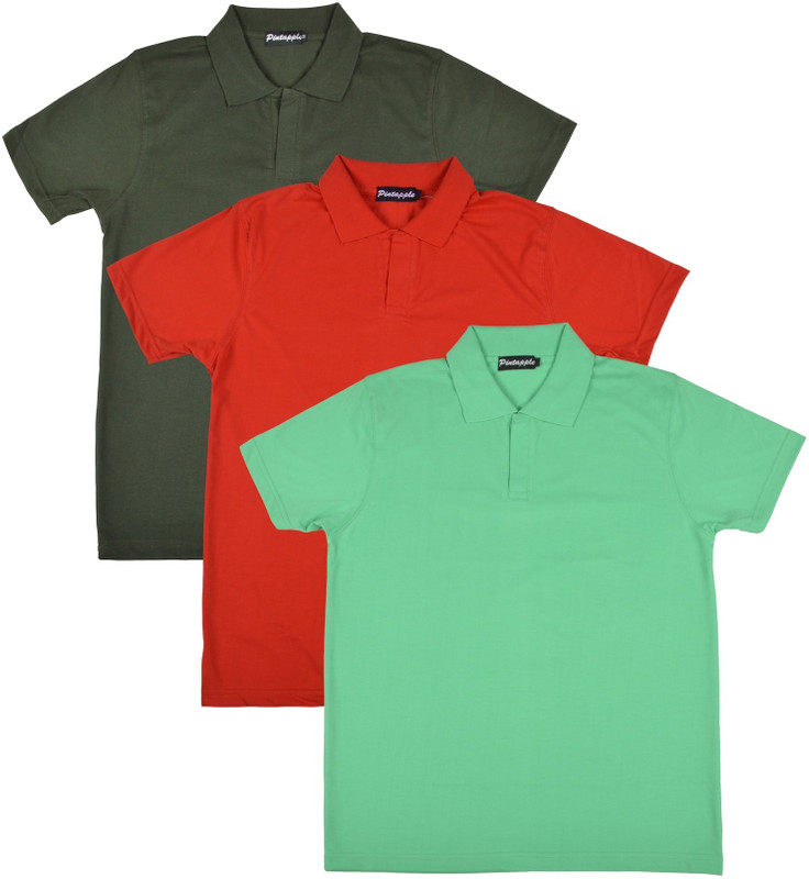 Pintapple Solid Men Polo Neck Light Green, Red, Dark Green T-Shirt(Pack of 3)