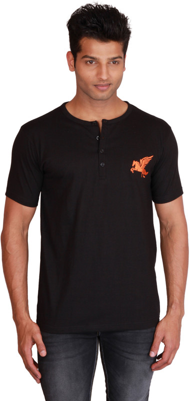 Right Shape Solid Men Henley Black T-Shirt