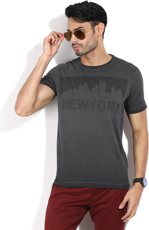 Arrow New York Printed Men Round Neck Grey T-Shirt
