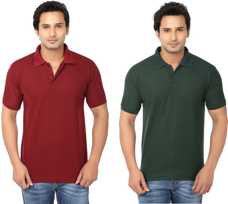 Keepsake Solid Men Polo Neck Maroon, Dark Green T-Shirt(Pack of 2)
