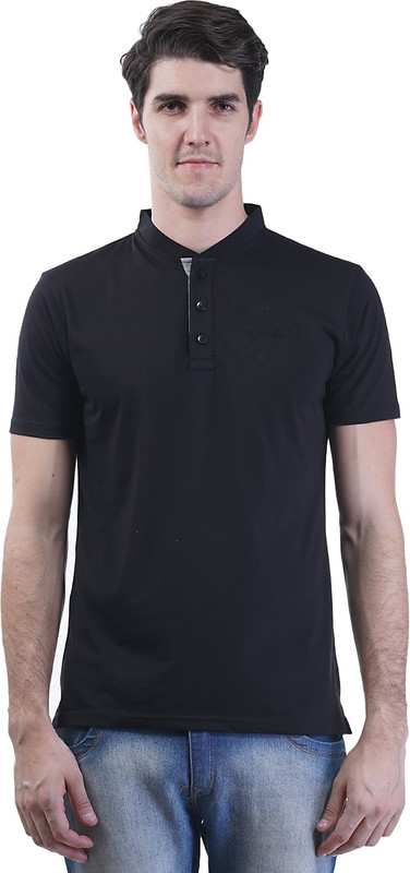 Griffel Solid Men Mandarin Collar Black T-Shirt
