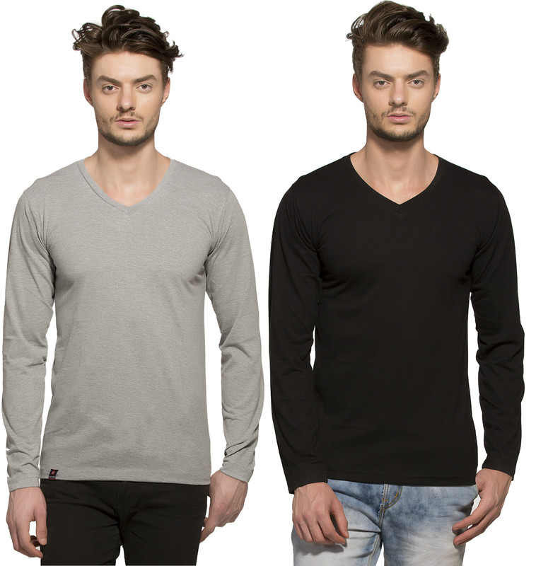 Alan Jones Solid Men V-neck Black, Grey T-Shirt(Pack of 2)