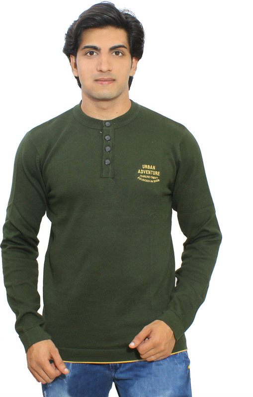 Thread Craft Solid Men Henley Green T-Shirt