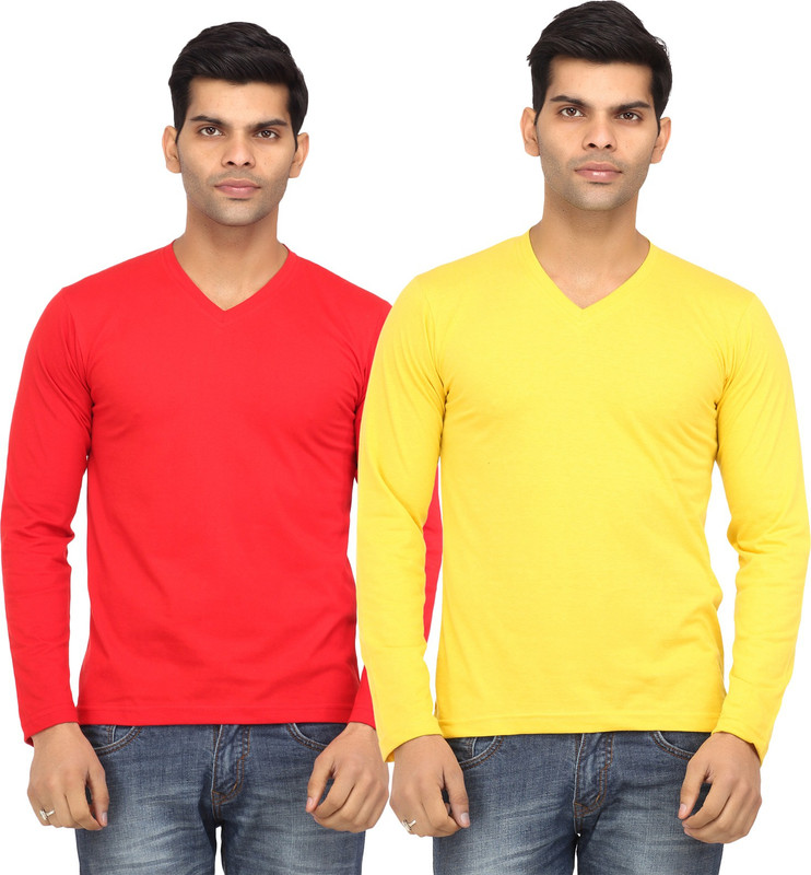 Leana Solid Men Round Neck Red, Yellow T-Shirt(Pack of 2)