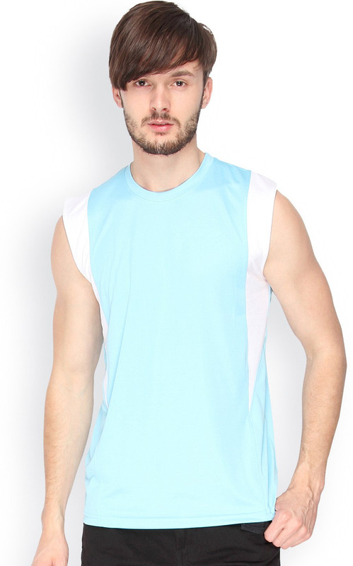 Campus Sutra Solid Men Round or Crew Denim Green, White T-Shirt
