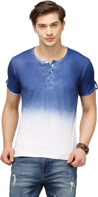 Campus Sutra Solid Men Henley Blue, White T-Shirt