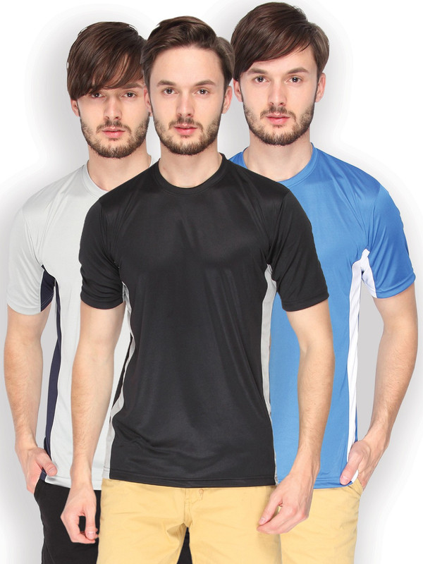 Campus Sutra Solid Men Round or Crew Denim Black, Grey, Grey, Blue, Blue, White T-Shirt(Pack of 3)