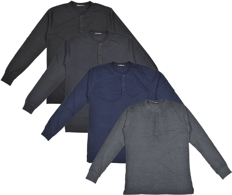 Pintapple Solid Men Henley Grey, Dark Blue, Black, Black T-Shirt(Pack of 4)
