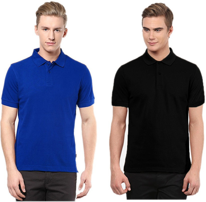 Gold Axe Solid Men Polo Neck Blue, Black T-Shirt(Pack of 2) Gold Axe Solid Men Polo Neck Blue, Black T-Shirt(Pack of 2)