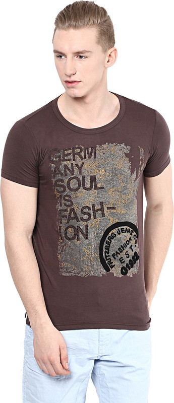 Fritzberg Printed Men Round Neck Brown T-Shirt