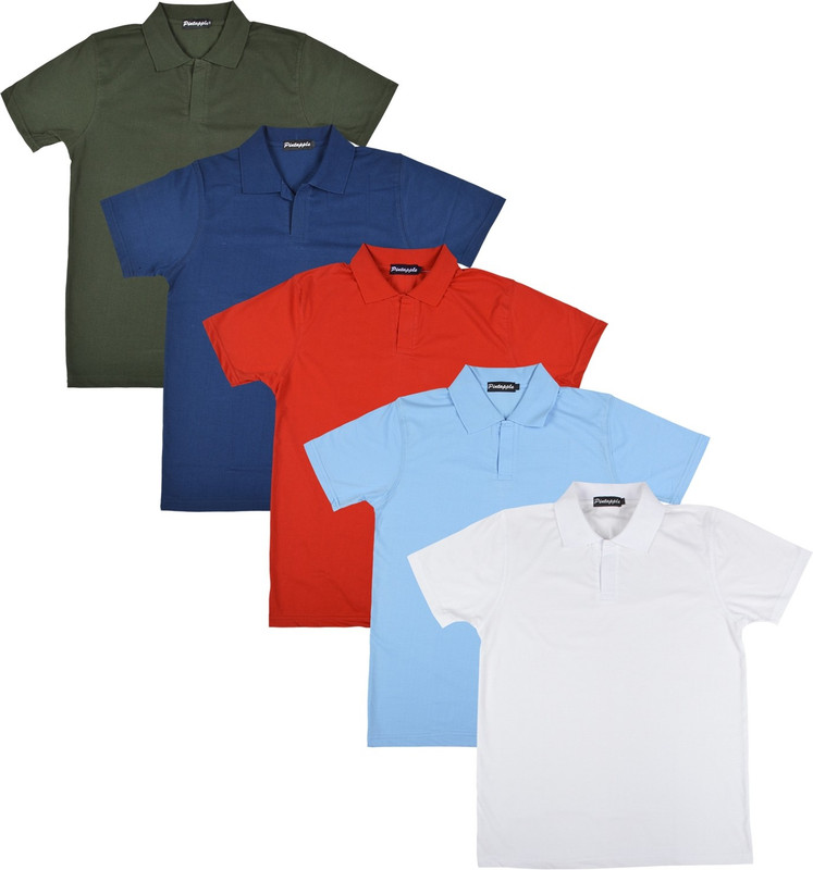 Pintapple Solid Men Polo Neck White, Light Blue, Red, Dark Blue, Dark Green T-Shirt(Pack of 5)