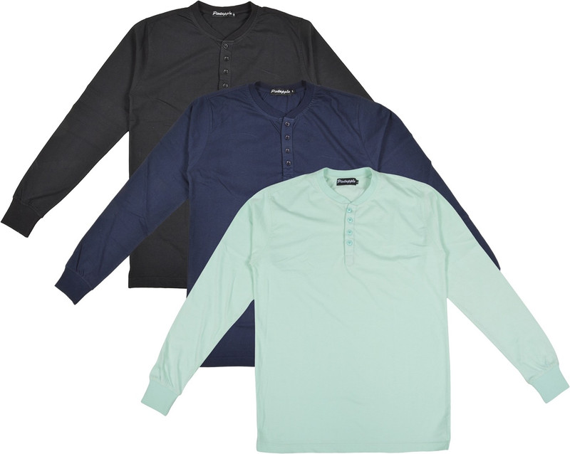 Pintapple Solid Men Henley Light Green, Dark Blue, Black T-Shirt(Pack of 3)