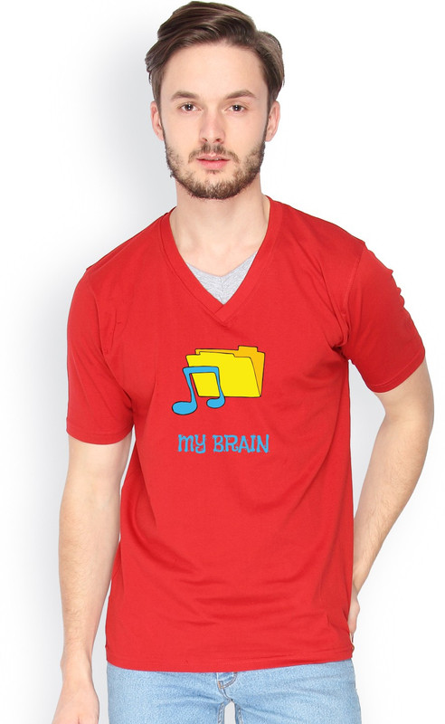 Campus Sutra Printed Men V-Neck Red T-Shirt