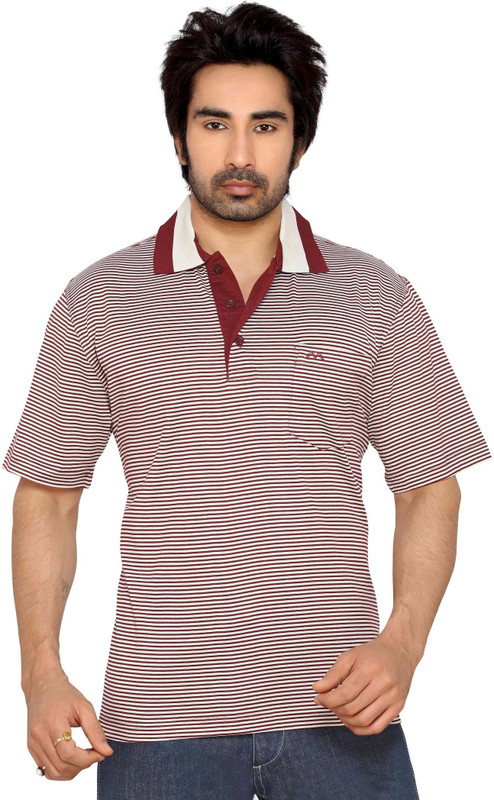 Thinc Striped Men Polo Neck Maroon, White T-Shirt