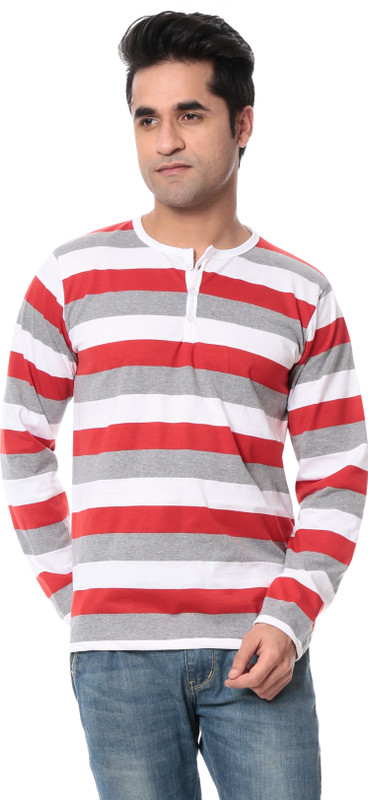 Leana Striped Men Henley Red, White T-Shirt