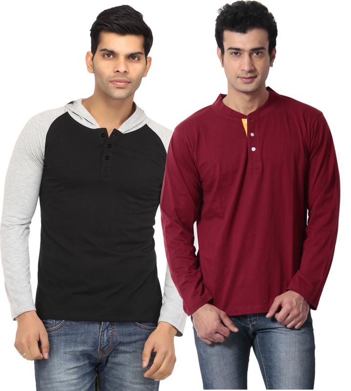 Leana Solid Men Round Neck Black, Maroon T-Shirt(Pack of 2)