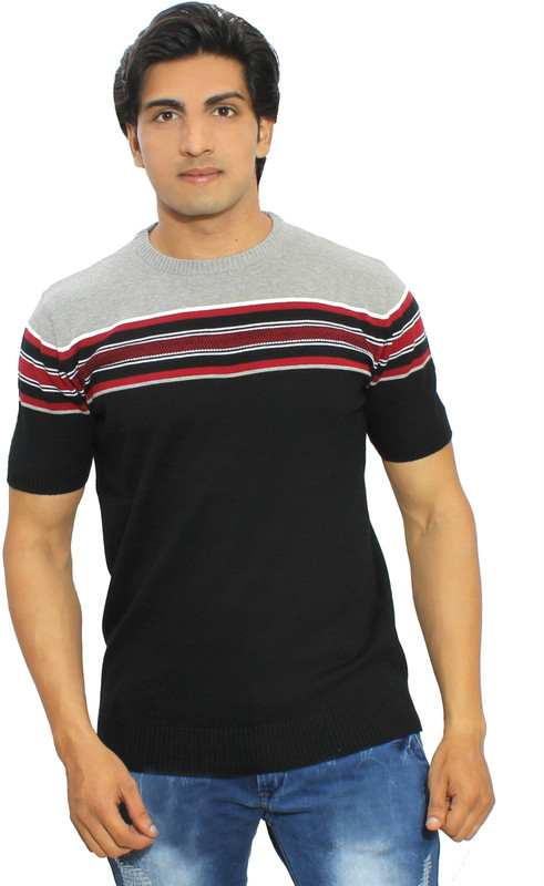 Thread Craft Striped Men Round Neck Black T-Shirt