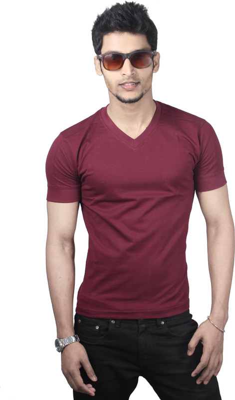 Spur Solid Men V-neck Maroon T-Shirt