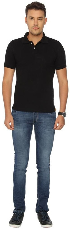 Campus Sutra Solid Men Polo Neck Black T-Shirt