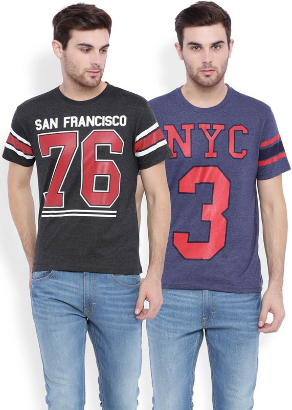 DIFFERENCE OF OPINION Printed Men Round Neck Grey, Blue T-Shirt(Pack of 2)