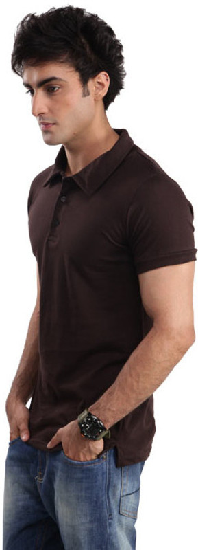 Inkovy Solid Men Polo Neck Brown T-Shirt