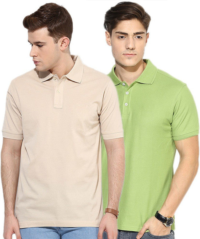 Go India Store Solid Men Polo Neck Beige, Light Green T-Shirt(Pack of 2)