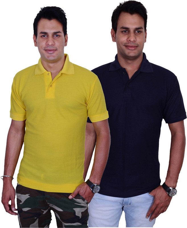 Blaze Solid Men Polo Neck Yellow, Blue T-Shirt(Pack of 2)