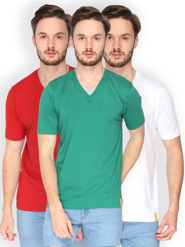 Campus Sutra Solid Men V-Neck Dark Green, White, Red T-Shirt(Pack of 3)