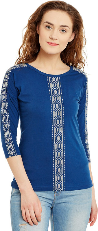 Hypernation Embroidered Women Round Neck Blue T-Shirt