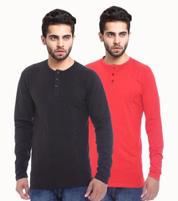Sampoorna Collection Solid Men Henley Black, Red T-Shirt(Pack of 2)