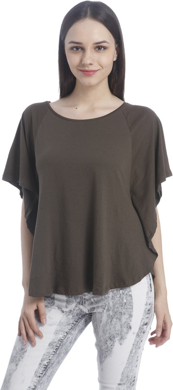 Only Solid Women Boat Neck Brown T-Shirt