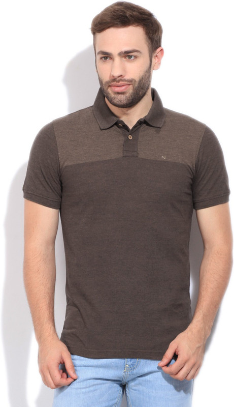 Peter England Solid Men Polo Neck Brown T-Shirt