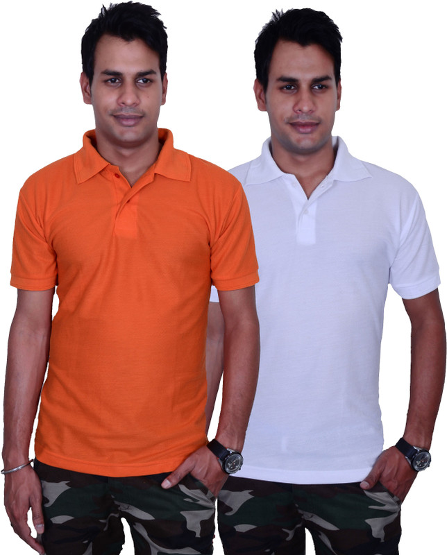 Blaze Solid Men Polo Neck Orange, White T-Shirt(Pack of 2)