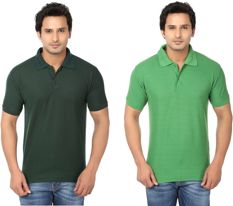 Keepsake Solid Men Polo Neck Dark Green, Green T-Shirt(Pack of 2)