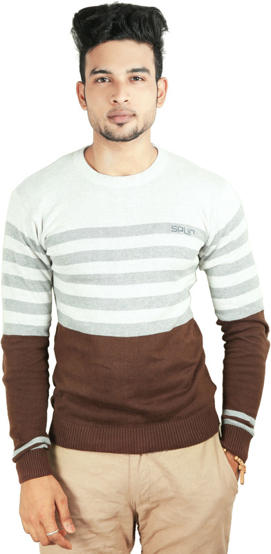 Spur Self Design Men Round Neck White, Brown T-Shirt
