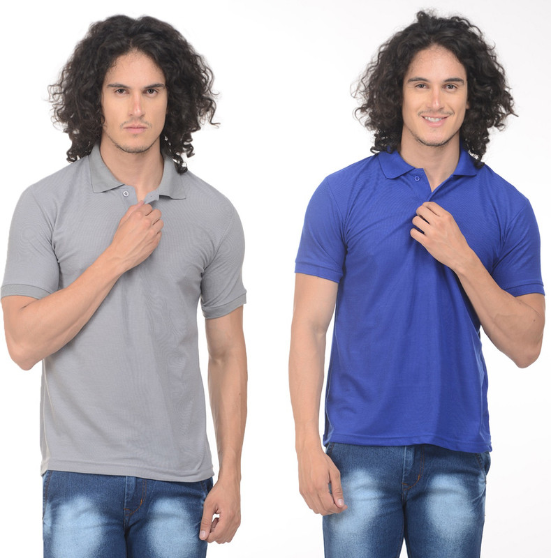 Gold Axe Solid Men Polo Neck Grey, Blue T-Shirt(Pack of 2) Gold Axe Solid Men Polo Neck Grey, Blue T-Shirt(Pack of 2)