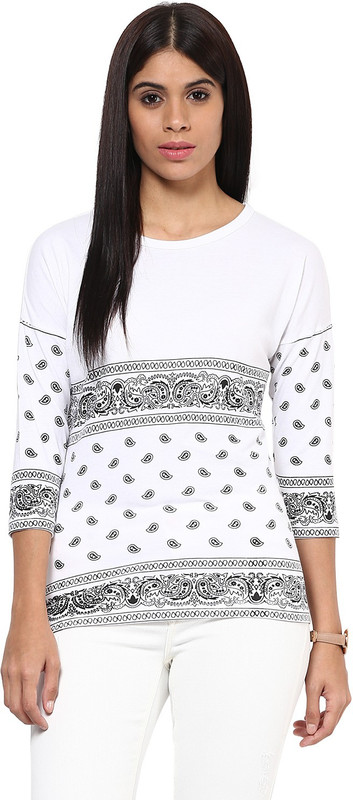 Hypernation Paisley Women High Neck White T-Shirt