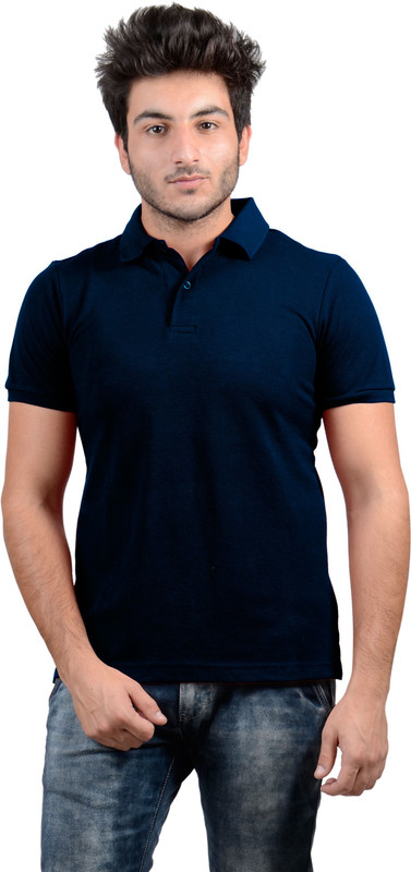 DS WORLD Solid Men Polo Neck Dark Blue T-Shirt