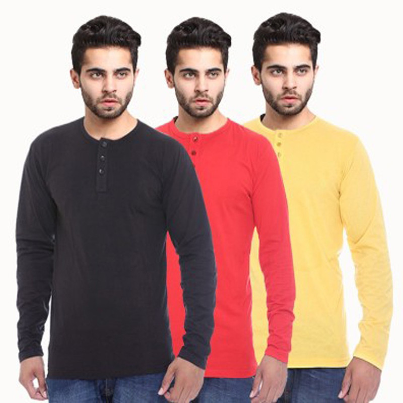 Sampoorna Collection Solid Men Henley Yellow, Red, Black T-Shirt(Pack of 3)