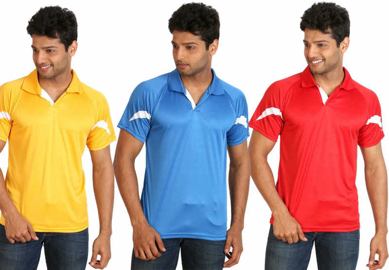 Campus Sutra Solid Men Polo Neck Red, Yellow, Light Blue T-Shirt(Pack of 3)